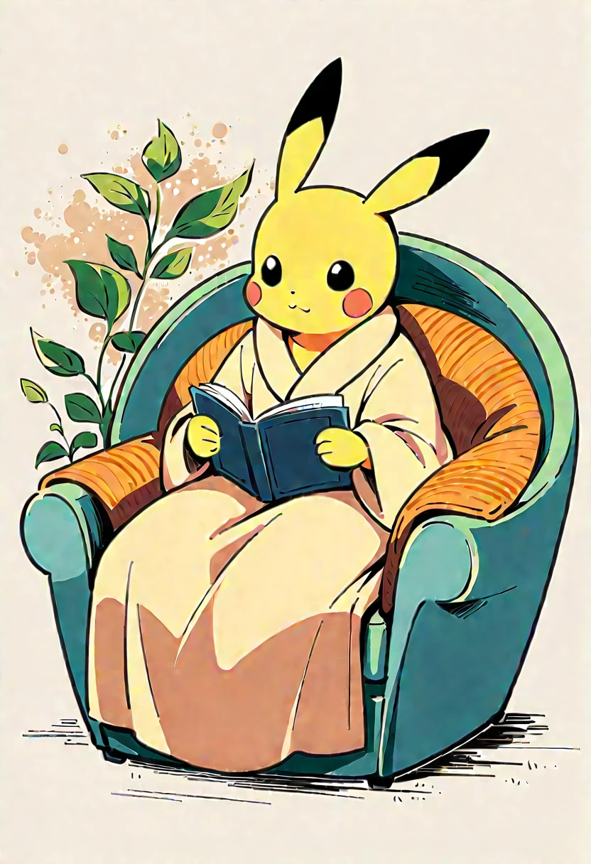 illustration of Pikachu relaxing in a cozy chair while reading a book. Pikachu should be sitting comfortably with a book open on its lap. Include a warm, inviting background with a small table holding a cup of tea and a soft blanket draped over the chair. The atmosphere should be peaceful and cozy.