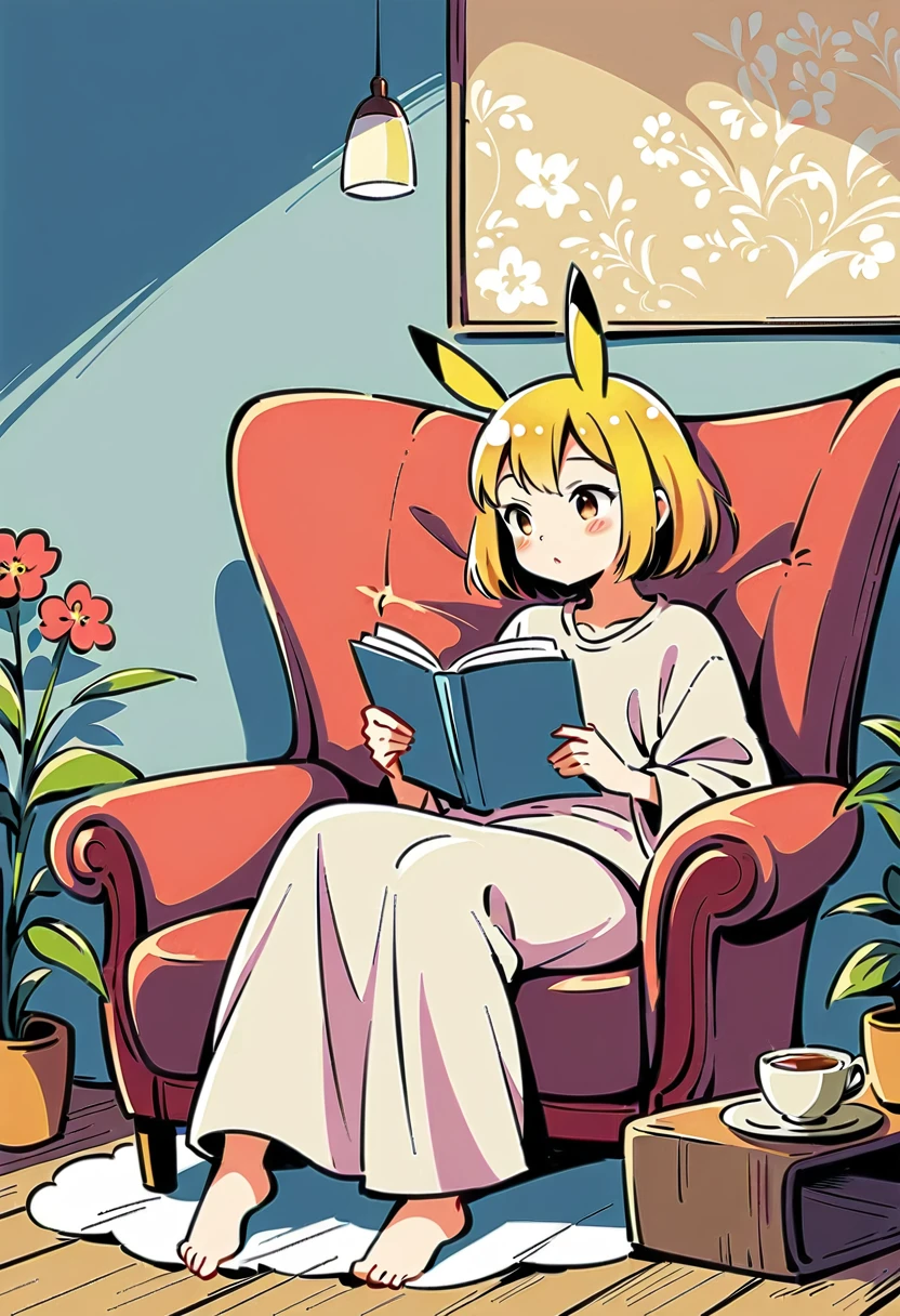 illustration of Pikachu relaxing in a cozy chair while reading a book. Pikachu should be sitting comfortably with a book open on its lap. Include a warm, inviting background with a small table holding a cup of tea and a soft blanket draped over the chair. The atmosphere should be peaceful and cozy.