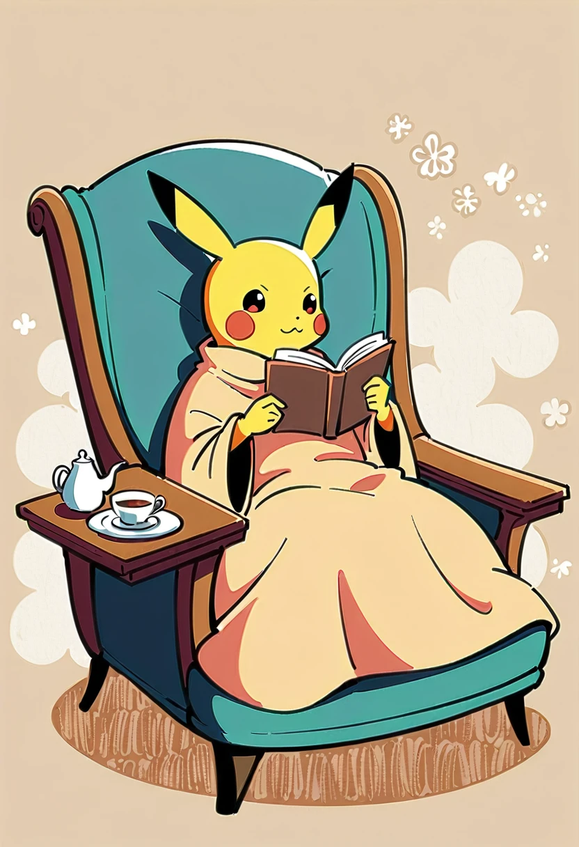 illustration of Pikachu relaxing in a cozy chair while reading a book. Pikachu should be sitting comfortably with a book open on its lap. Include a warm, inviting background with a small table holding a cup of tea and a soft blanket draped over the chair. The atmosphere should be peaceful and cozy.