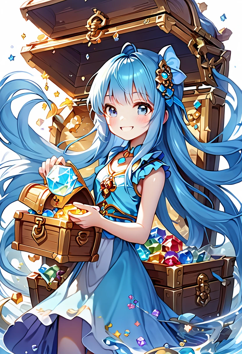 Light blue long hair、Twin-tailed Girl、holding a big key、Open a big treasure chest、Bright smile、Gemstones are shining、