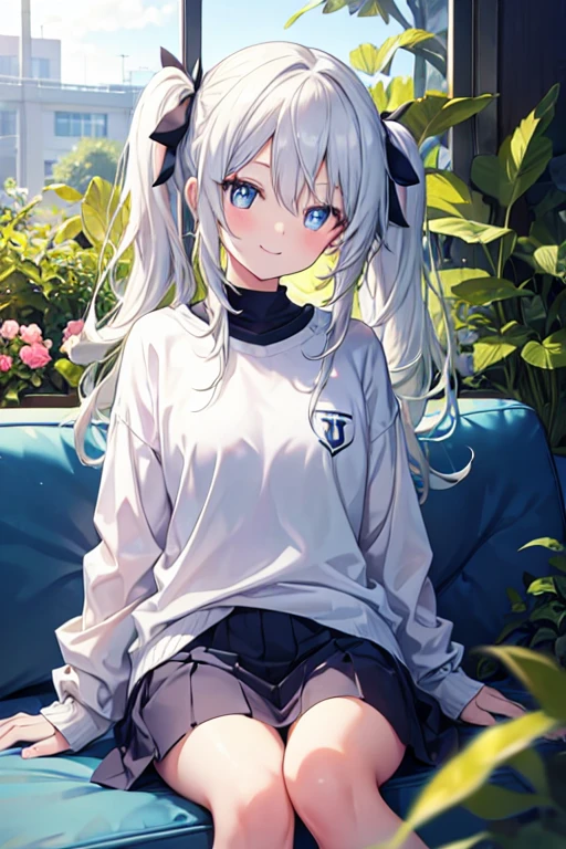 1girl, long white twintails hair, blue pupils, Wearing casual clothes, Sitting on a couch, garden, smiling