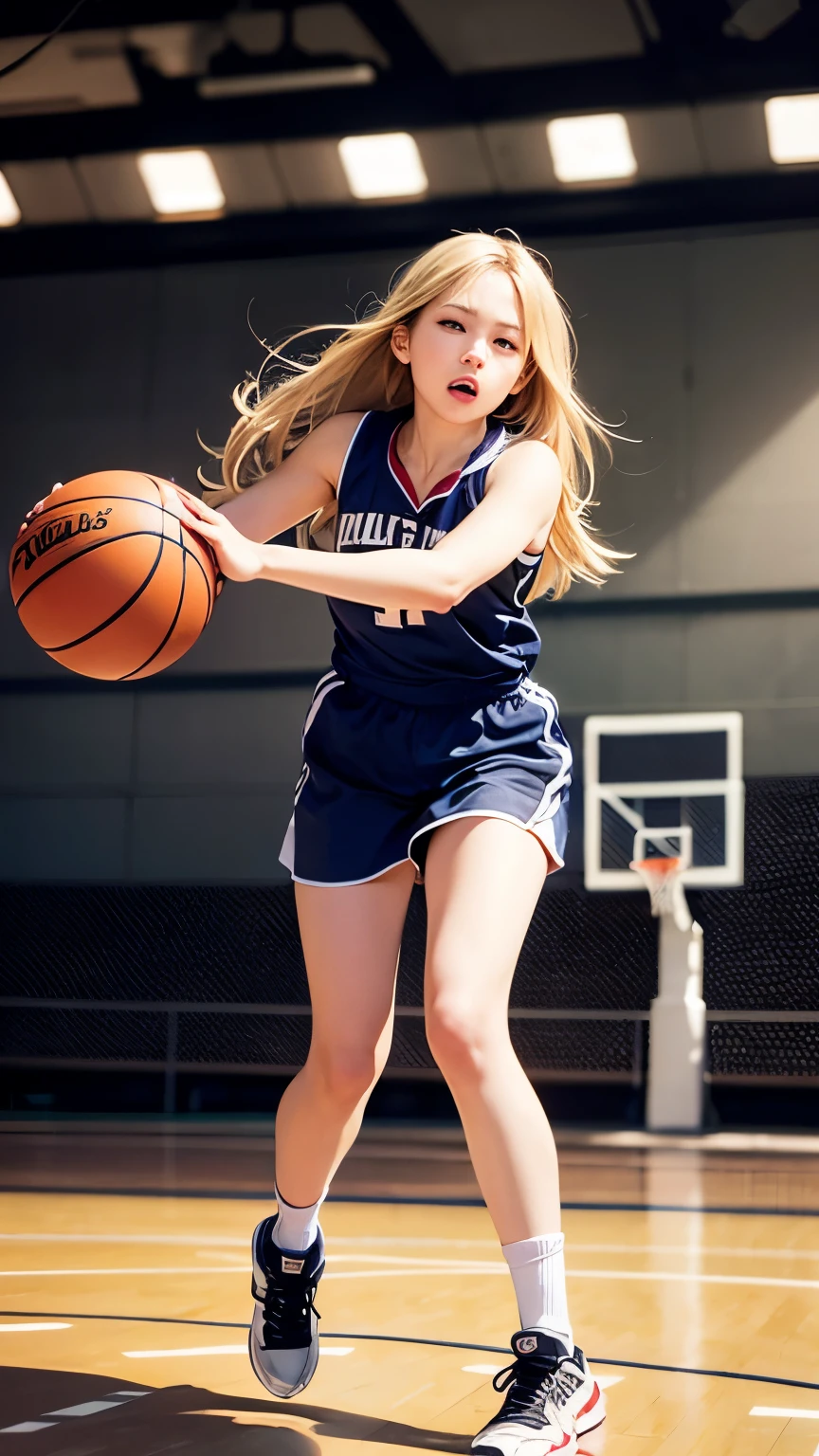 Best Quality, Masterpiece: 1.3, 8k, Realistic, Photorealistic: 1.5, Ultra Detailed, Best Quality, Ultra High Resolution, Beautifully Detailed Eyes, Pose, Thin Waist, Basketball Uniform, Blonde Hair, Messy Hair, Long Hair Flying in the Wind, Professional Lighting, Photon Mapping, Radiosity, Physically Based Rendering, Cinematic Lighting, Basketball Court, Depth of Field, Sharp Focus, Sun Rays, Good Composition, Bokeh: 1.2, One Girl, Solo, Full Body, Mouth Closed,