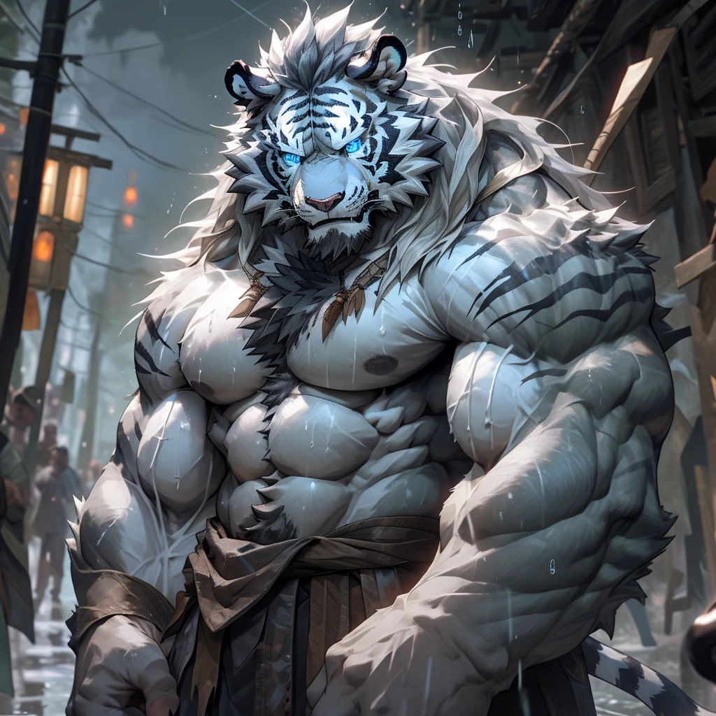 sweaty muscular torso naked rainy village hairy anthropomorphic chest hair serious face(scars in the face) Mature (blue eyes)Huge muscle ripped abs wild,Tribal Ambition White Tiger