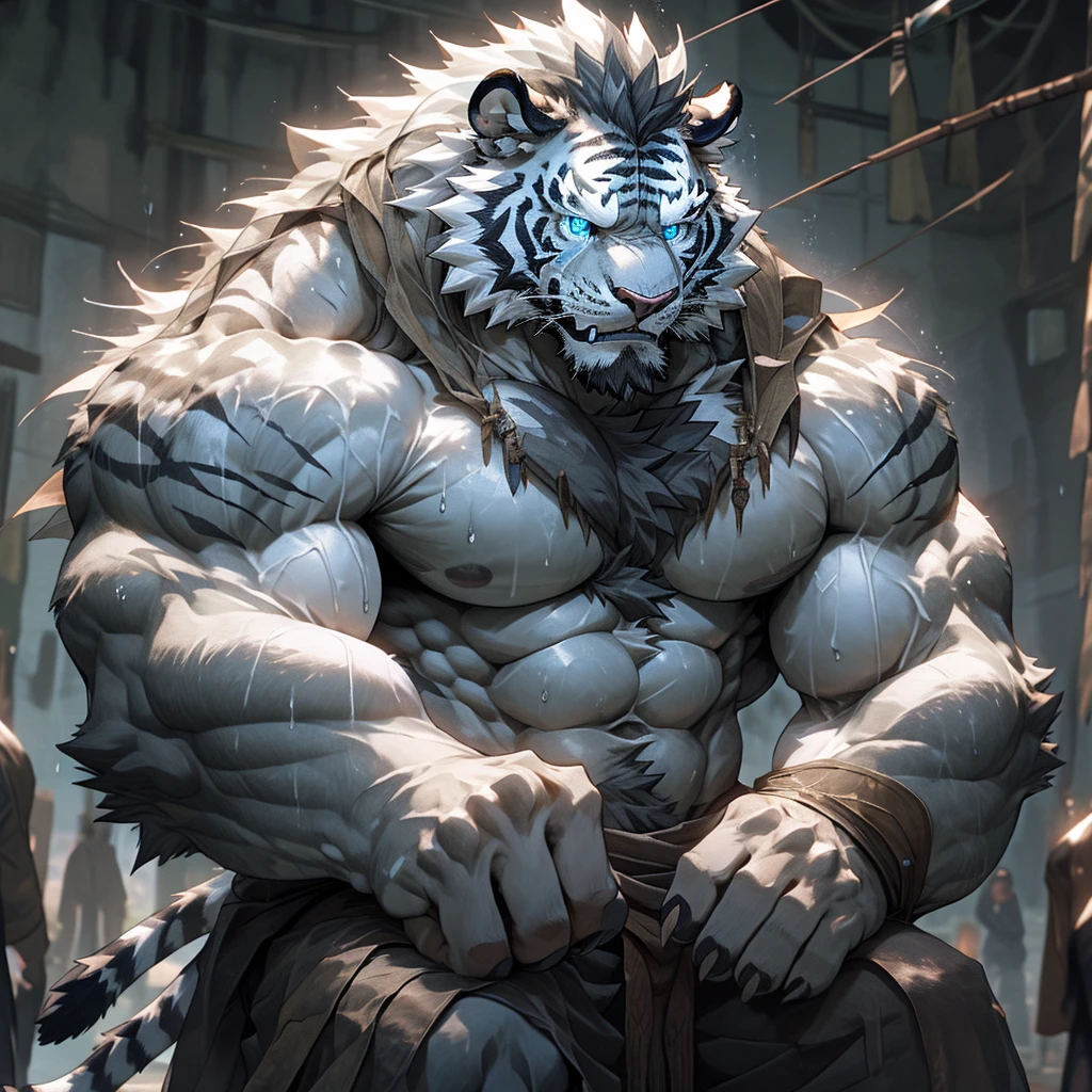 sweaty muscular torso naked rainy village hairy anthropomorphic chest hair serious face(scars in the face) Mature (blue eyes)Huge muscle ripped abs wild,Tribal Ambition White Tiger