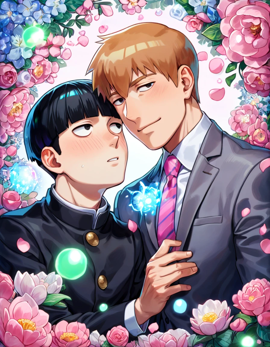 Ultra detailed, Highres, absurdres, HDR, Reigen Arataka, short reddish-blond hair, expressive dark brown eyes, Kageyama Shigeo, black hair, MOB PSYCHO 100, fantasy, dark grey business suit with a pink tie, handsome, two man together, gay couple, yaoi, very detailed eyes and face, master piece, pink flowers, blossoms, pink petals, magical, water, handsome smile, shining blue fireflies, love, black pants