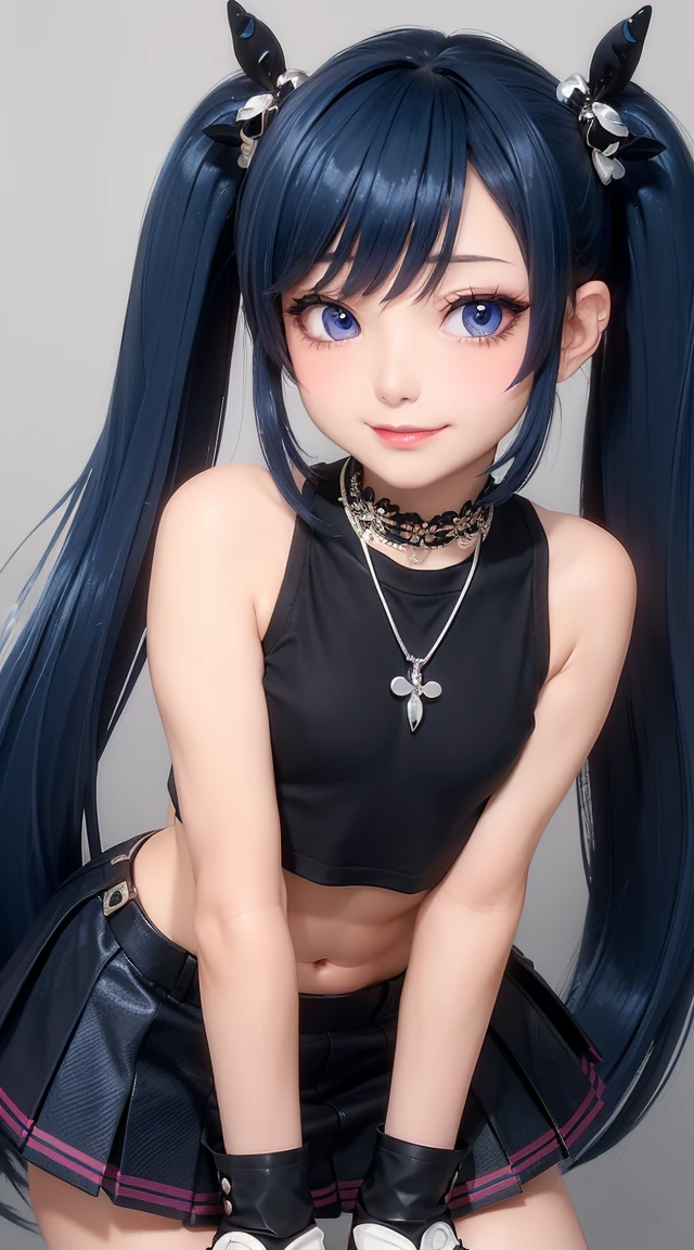 (masterpiece:1.3), (Best Quality:1.3), (Ultra-detailed:1.2), ((kawaii)), Cute, (lovely), ((sexy)), ((Extremely detailed)), 4K, (8K), Best Quality, (Beautiful), Illustration, anime style, (bold line:1.2), Gradation, looking at viewer, //, (bent down:1.1), (arms behind back), //, a cute girl, 1girl, (solo:1.2), gleaming skin, //, (flat chested), (Perfect eyes:1.2), (Perfect iris:1.2), //, darkblue hair color, (beautiful eyes) //, (half closed eyes:1.3), (sexual expression:1.2), Fascinated expression, smile, (blush:1.2), //, modern city background, on rock, twin tails, muscle girl, hard abs, exposed abs, NECKLACE, tight blouse, skirt