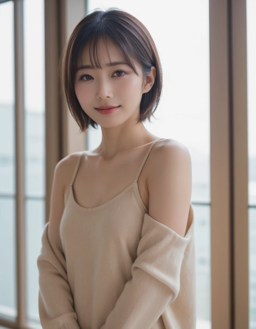 One Girl, (Wear trendy fashion:1.2), (RAW Photos, Highest quality), (Realistic, Realistic:1.4), Tabletop, Very delicate and beautiful, Very detailed, 2k wallpaper, wonderful, In detail, Very detailedな CG Unity 8K 壁紙, Very detailedな, High resolution, Soft Light, Beautiful detailed girl, Looking into the camera、Very detailedな目と顔, Beautiful and sophisticated nose, Beautiful details, short hair, small, Grey clothes、White Background、Background is white、Cinema Lighting, Perfect Anatomy, Slender body, smile,
