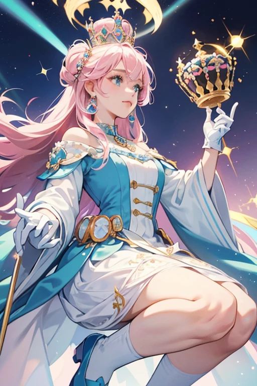 The queen . sHe has a large, thick white and a small light pink nose. sHe has a large crown with pink and blue crystals and a rounded cap with two shades of blue. sHe wears a queen's dress with a queen's robe and white gloves. sHe possesses a golden scepter with a crown-like design, light blue shoes. SPARKLE; GLITTER