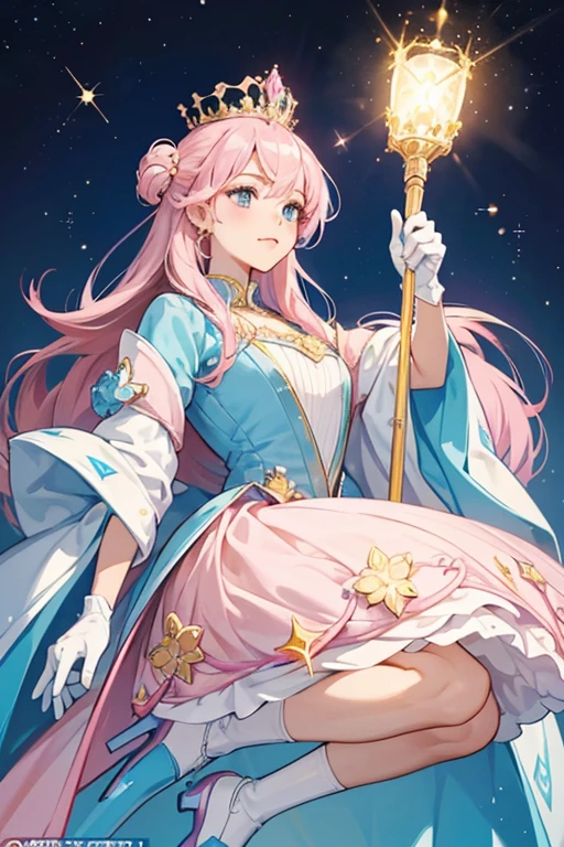 The queen . sHe has a large, thick white and a small light pink nose. sHe has a large crown with pink and blue crystals and a rounded cap with two shades of blue. sHe wears a queen's dress with a queen's robe and white gloves. sHe possesses a golden scepter with a crown-like design, light blue shoes. SPARKLE; GLITTER