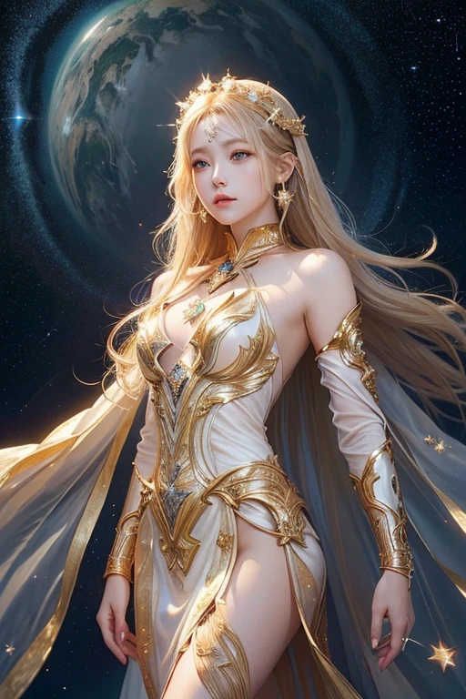 (masterpiece、Highest quality、High resolution、8K、16K)、((Alone in space、Beautiful Goddess、Standing posture、フローティング in the sky like a star))、(whole body)、Golden Cape、White long dress、No sleeve、Gold Bracelet、Blonde Hair、Beautiful brown eyes、Elegant and detailed face、Graceful operation、Close your eyes and spread your arms out to the sides、Palm facing up、Professional Lighting、The universe is full of light、Countless stars and nebulae、