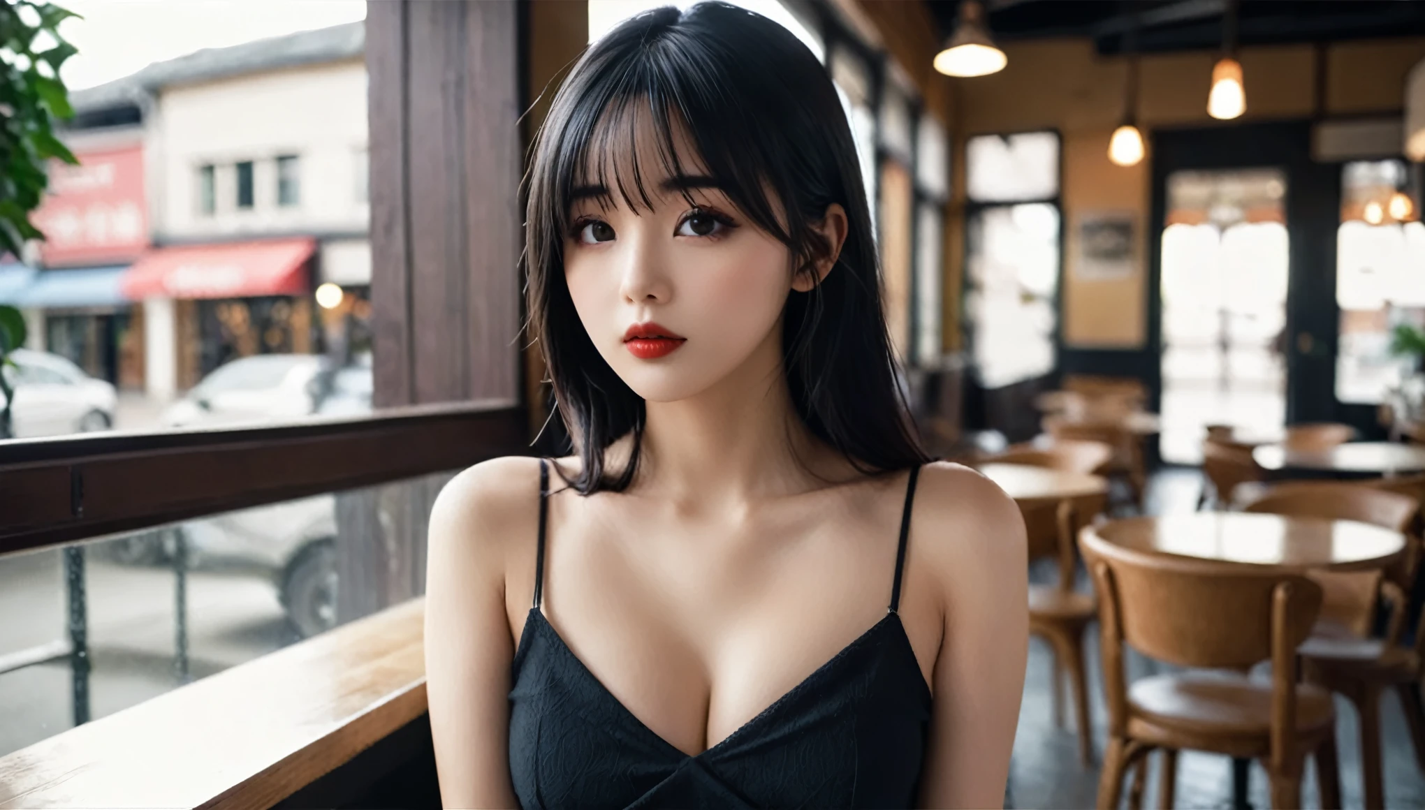 a girl，cute and pretty face，Long straight black hair，Long bangs covering eyes，long eyelashes，(Fine eyes)，small eyes，(half-closed eyes)，(Dark lipstick)，(Dark eyeshadow)，Slim body，Large breasts，Slender limbs，spaghetti strap dress，Inside an old coffee shop，clean focus，shallow Depth of Field，Ultra-detailed faces，very beautiful face，Extremely high texture skin，Look to outside，beautiful legs，seductive，femainine pose，(realistic ，realistic-photo，RAW photo，8K original)，lens flare，film grain，artistic photography，UHD，highres，masterpiece，retina，