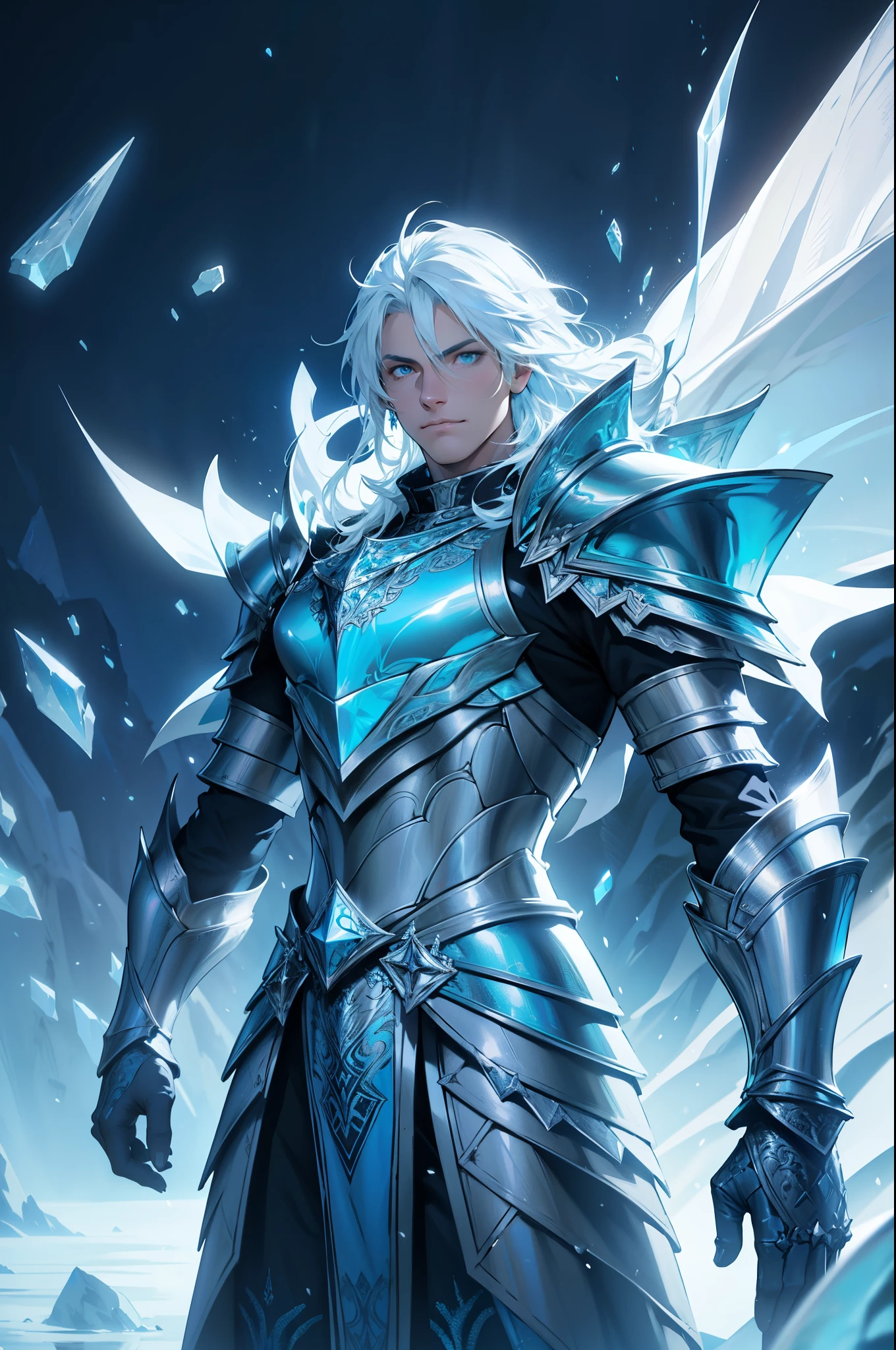 Ice knight, beautiful man with fine armor, intricate design, ocean blue details, silk, cinematic lighting, 4k, floating hair, sharp, prism, shining knight. Man with details armor.