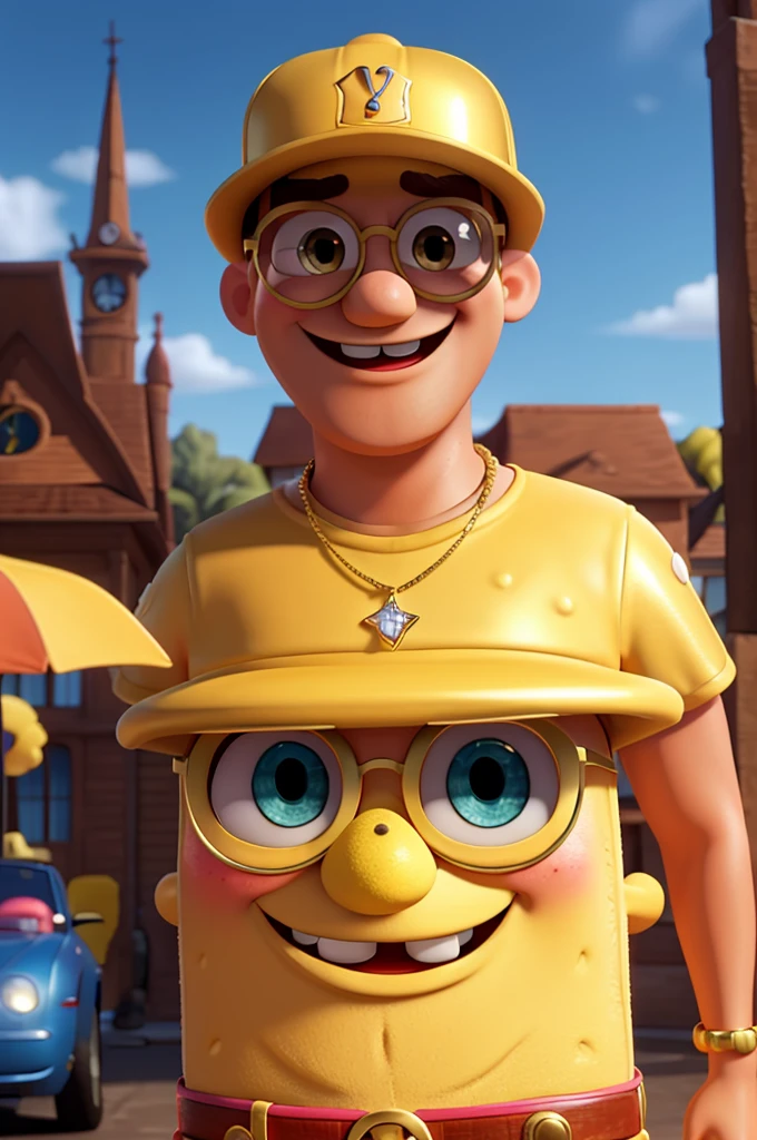 SPONGEBOB enters the scene wearing a straight-brimmed cap, oversized sunglasses and a shiny gold necklace that sparkles in the daylight. Ao fundo, luxury cars are parked, all shiny. He smiles, showing teeth studded with diamonds