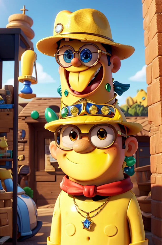 SPONGEBOB enters the scene wearing a straight-brimmed cap, oversized sunglasses and a shiny gold necklace that sparkles in the daylight. Ao fundo, luxury cars are parked, all shiny. He smiles, showing teeth studded with diamonds