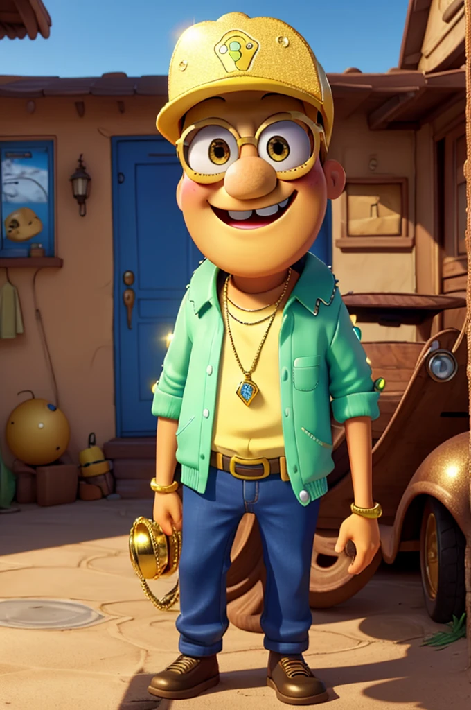 SPONGEBOB enters the scene wearing a straight-brimmed cap, oversized sunglasses and a shiny gold necklace that sparkles in the daylight. Ao fundo, luxury cars are parked, all shiny. He smiles, showing teeth studded with diamonds