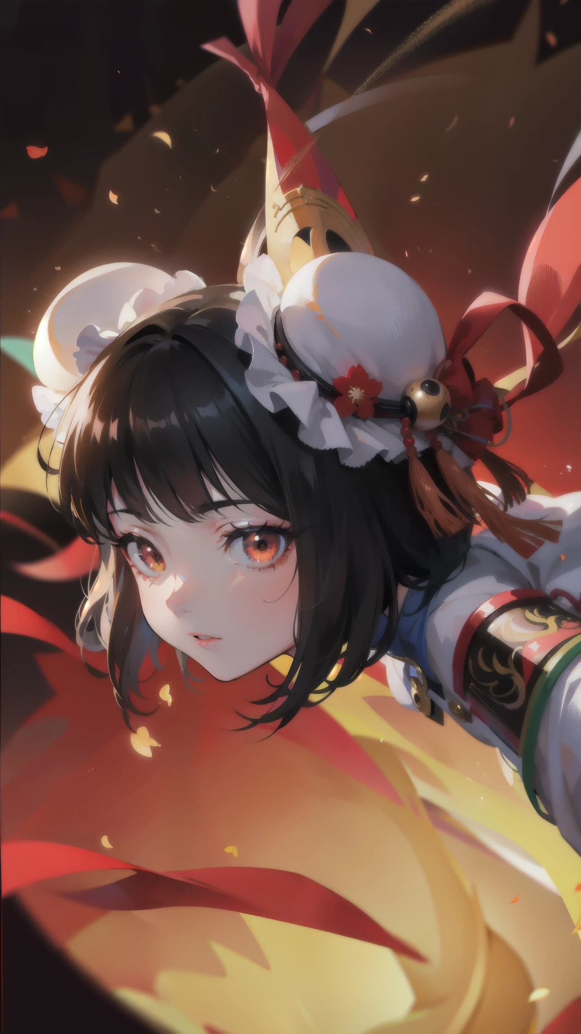 A beautiful young anime girl,1girl,Angela from Mobile Legends,Chinese New Year,orange,bee,eyes looking at the camera,floating,hands stretched out,2D cartoon,colorful,vibrant colors,intricate details,dynamic composition,warm lighting,auspicious,celebratory,magical,mystical,masterpiece,(best quality,8k,highres,extremely detailed,photorealistic:1.37)