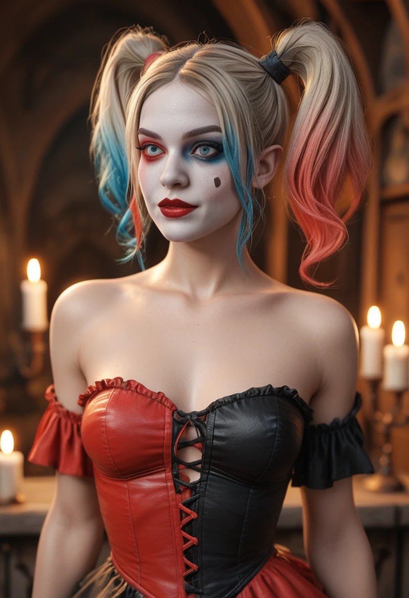 Masterpiece, best quality, Harley Quinn dressed as a witch, chilling aura, goblin's lair, candle lit room, ethereal light, glow, wavy blonde hair,artgerm, 3d unreal engine, (((mad))) elf princess, fetish, trending on artstartion, anime like, 4k