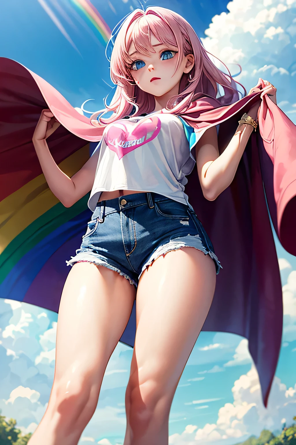 ((best quality)), ((masterpiece)), (detailed), 1girl, Pink hair, blue eyes, white t shirt with rainbow on it, blue Jean shorts, pink cape, standing on cloud, young. Ethereal beauty.
