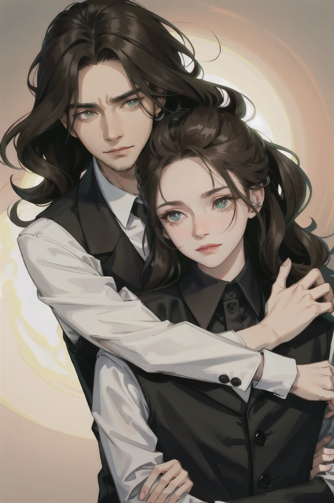 1 handsome man wearing a black suit,expressive eyes,with short, dark hair falling lightly across her forehead,hugging his wife who has wavy brown hair,expressive green eyes