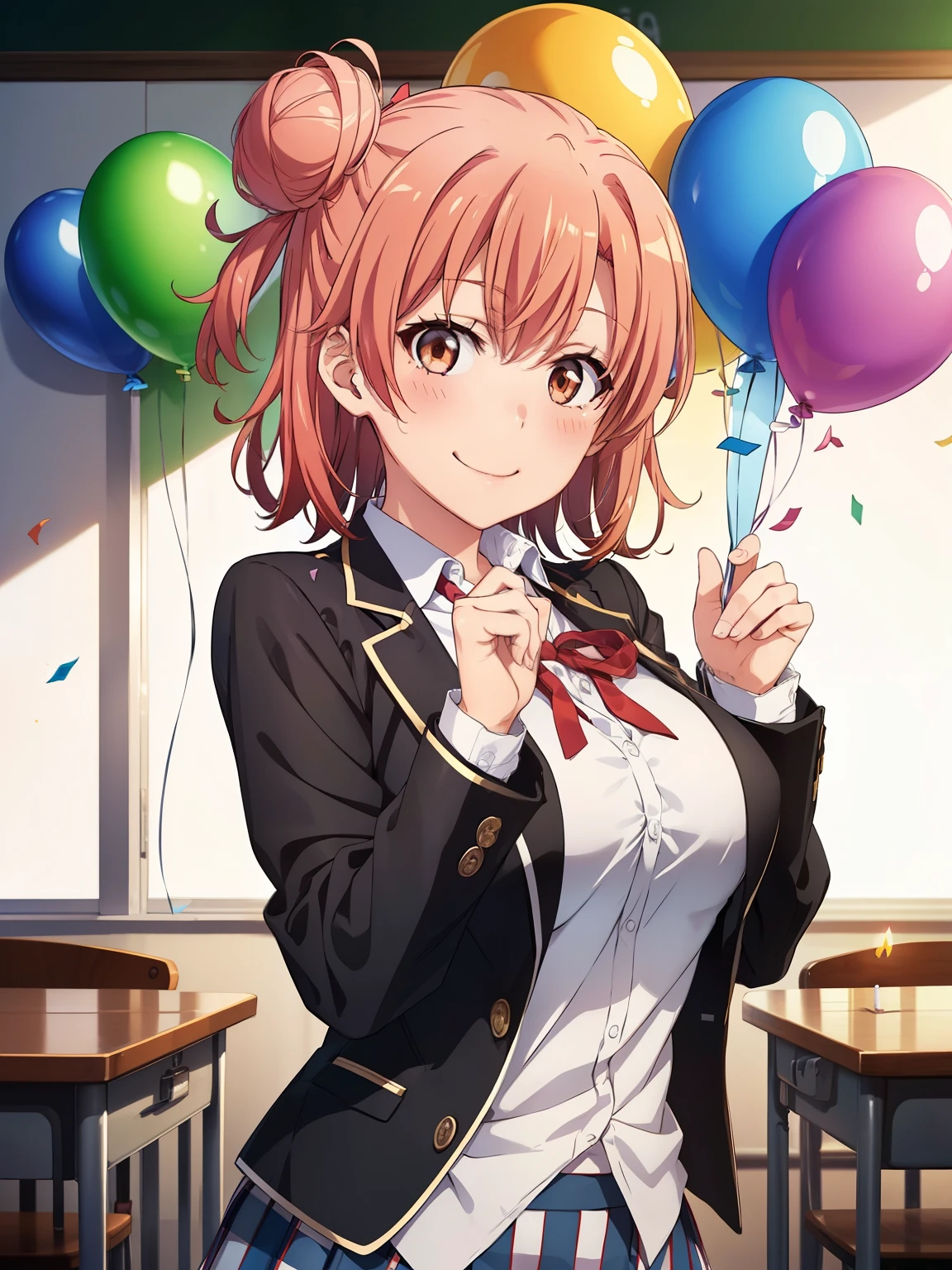 ((Highest quality, High resolution,  Perfect Pixel,  4K)),  (Beautiful Anime Girls), Depth of written boundary、
Watching the audience, 
Perfect body, 

Yuigahama Yui, Brown eyes、Detailed eyes、single hair bun, 

(Big Breasts:1.2)、

Focus on the chest、

Red ribbon, White shirt, Black jacket、Checked Skirt、、

School classroom、
smile、
birthday, 
Blushing, Happy, balloon, (birthday cake:1.1), birthday candle, Confetti, 