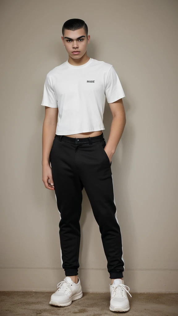 Boy model thick eyebrows black pants no shirt white tennis shoes thick eyebrows 17 years olding the sides