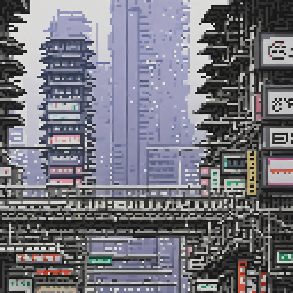 pixel art, 258 bits, sheet of various buildings and overpasses from bottom to top 2d empty in Shinjuku with buildings behind