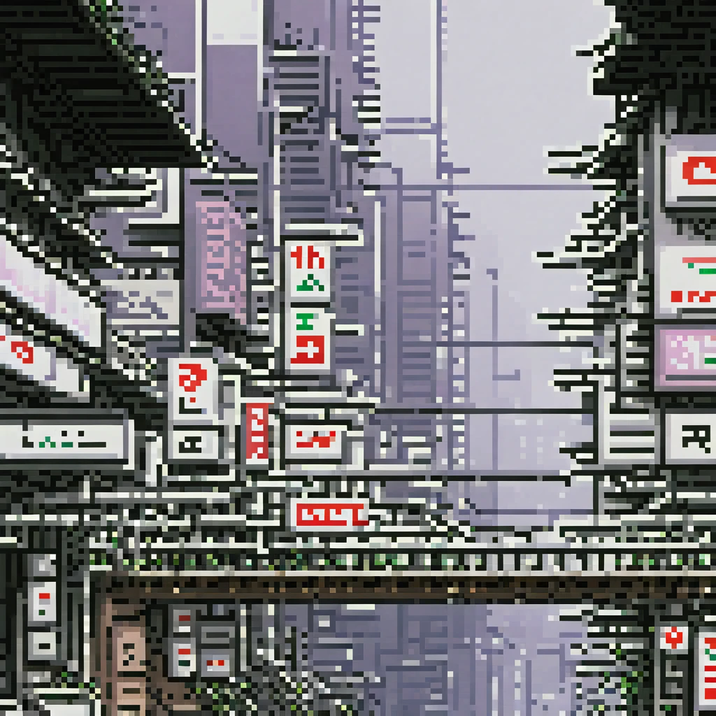 pixel art, 258 bits, sheet of various buildings and overpasses from bottom to top 2d empty in Shinjuku with buildings behind