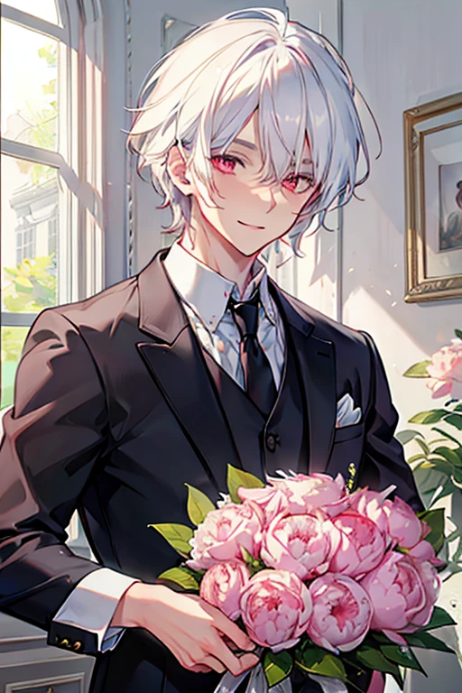 A young white haired handsome man with red eyes is holding a bouquet of peonies with a big smile