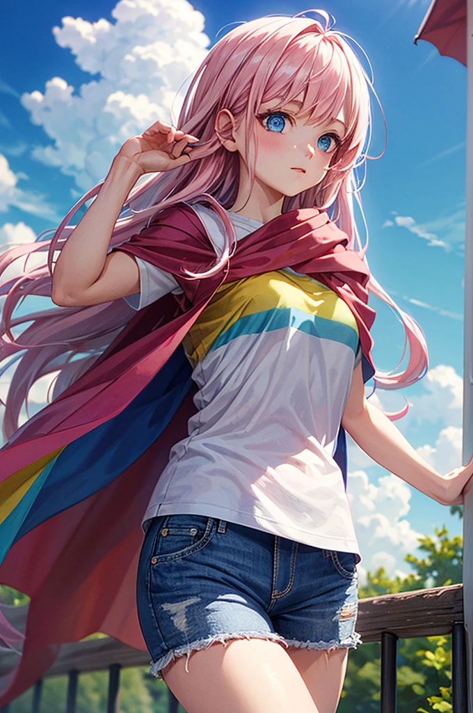 ((best quality)), ((masterpiece)), (detailed), 1girl, Pink hair, blue eyes, white t shirt with rainbow on it, blue Jean shorts, pink cape, standing on cloud, young. Ethereal beauty.