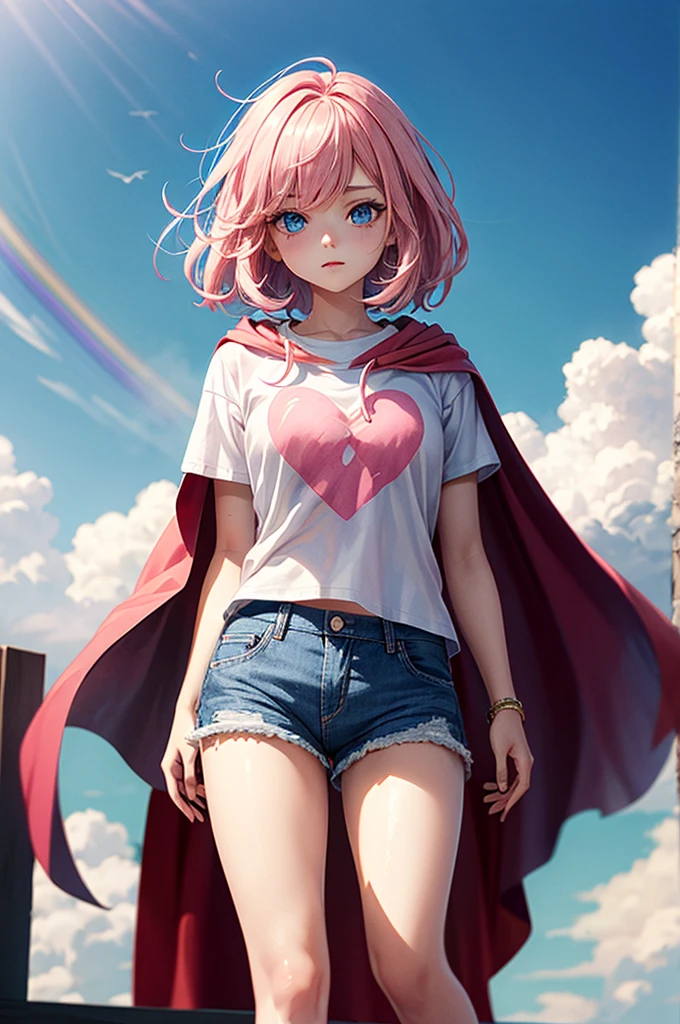 ((best quality)), ((masterpiece)), (detailed), 1girl, Pink hair, blue eyes, white t shirt with rainbow on it, blue Jean shorts, pink cape, standing on cloud, young. Ethereal beauty.