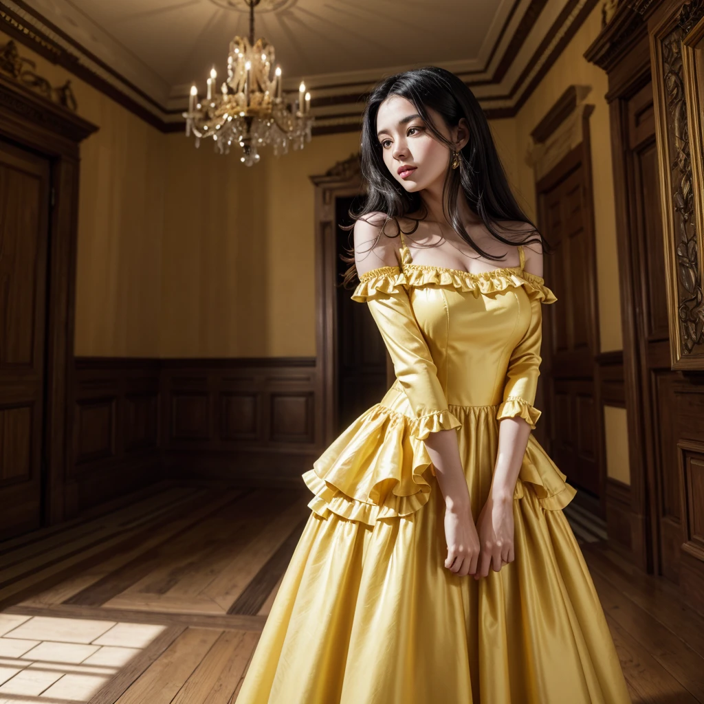 Black hair woman wearing yellow dress in a castle