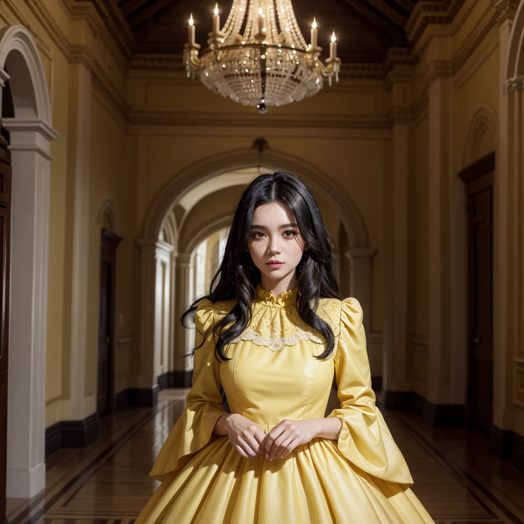 Black hair woman wearing yellow dress in a castle