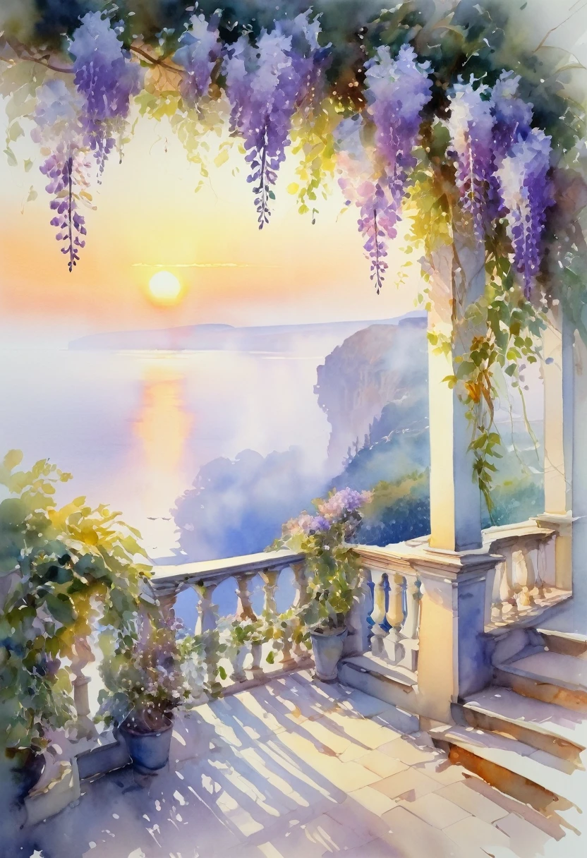 beautiful descent to the sea, Terrace, Wisteria, sunset, fog, Stepan Kolesnikov, watercolor, glow