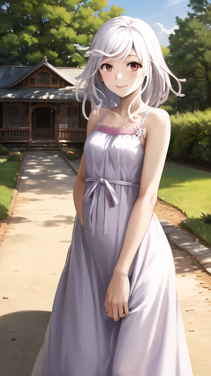 masterpiece, best quality, highres, bbnadeko, white hair, (snake hair:1.3), red eyes, albino, bare shoulder, sundress, white dress, smile, standing, cowboy shot, outdoors, shrine