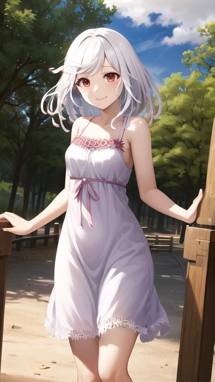 masterpiece, best quality, highres, bbnadeko, white hair, (snake hair:1.3), red eyes, albino, bare shoulder, sundress, white dress, smile, standing, cowboy shot, outdoors, shrine