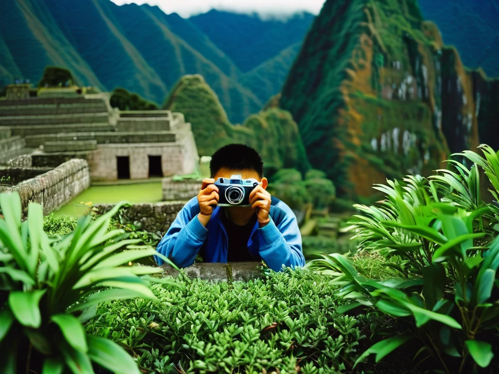 raw photo, masterpiece, A (((chinese nerd))) hiding in bushes with a old kodak camera at macchu Pichu adobe rgb, professional photography