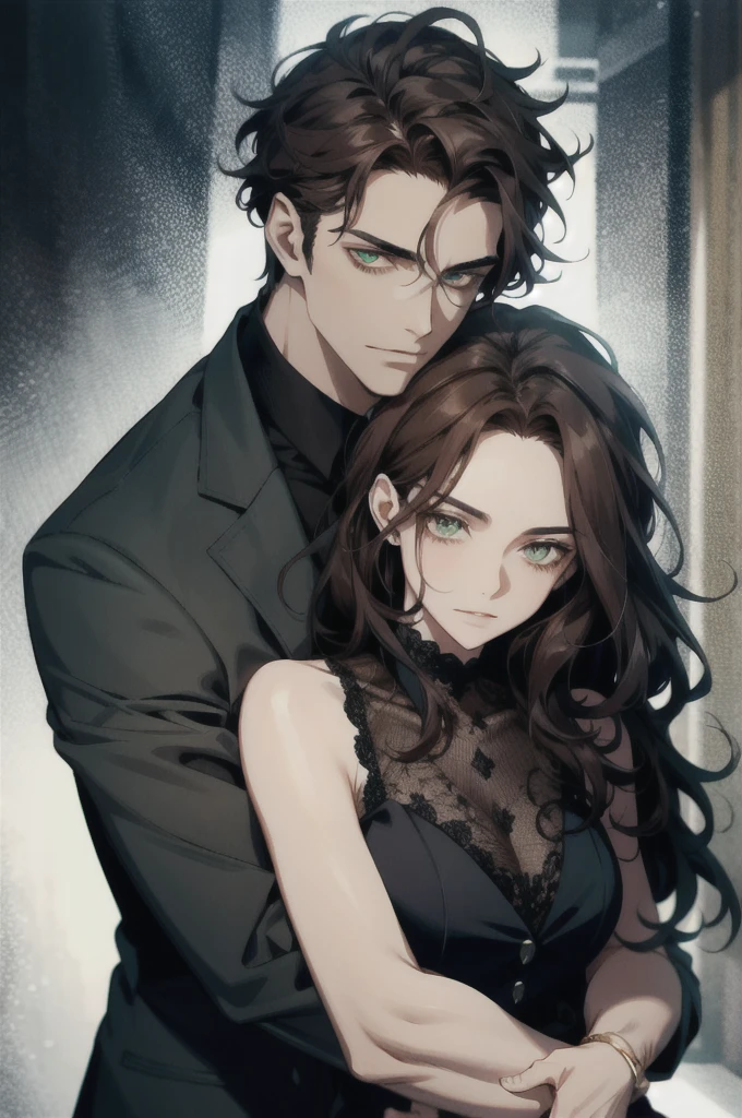1 handsome man wearing a black suit,expressive eyes,with short, dark hair falling lightly across her forehead,hugging his wife who has wavy brown hair,expressive green eyes