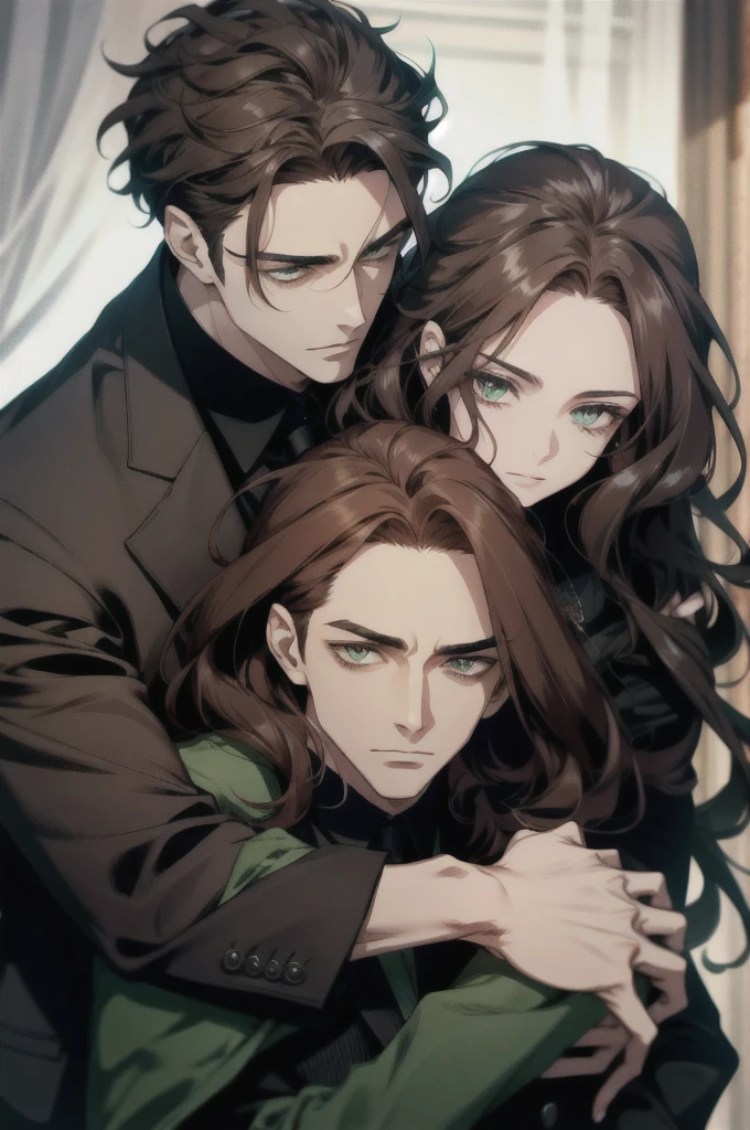 1 handsome man wearing a black suit,expressive eyes,with short, dark hair falling lightly across her forehead,hugging his wife who has wavy brown hair,expressive green eyes