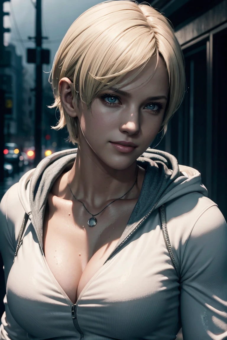 Resident Evil 6,Shelley,Short Hair,Blonde Hair,White hoodie,Cold protection,neck warmer,Photorealistic,Ultra HD,high quality,masterpiece,Digital SLR,Detailed details,Intricate details,Anatomical basis,Depicted in detail,A detailed face,Realistic skin texture,Vivid details,Perfect Anatomy,Perfect Anatomy,Anatomically correct hand,Anatomically correct fingers,Super Detail,Complex 3D rendering,Sexy pose,Rainy Sky,Beautiful scenery,Fantastic rainy sky,Picturesque,Pink Lips,smile,