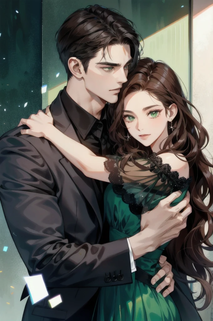 1 handsome man wearing a black suit,expressive eyes,with short, dark hair falling lightly across her forehead,hugging his wife who has wavy brown hair,expressive green eyes