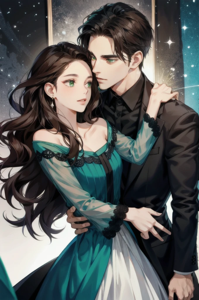 1 handsome man wearing a black suit,expressive eyes,with short, dark hair falling lightly across her forehead,hugging his wife who has wavy brown hair,expressive green eyes
