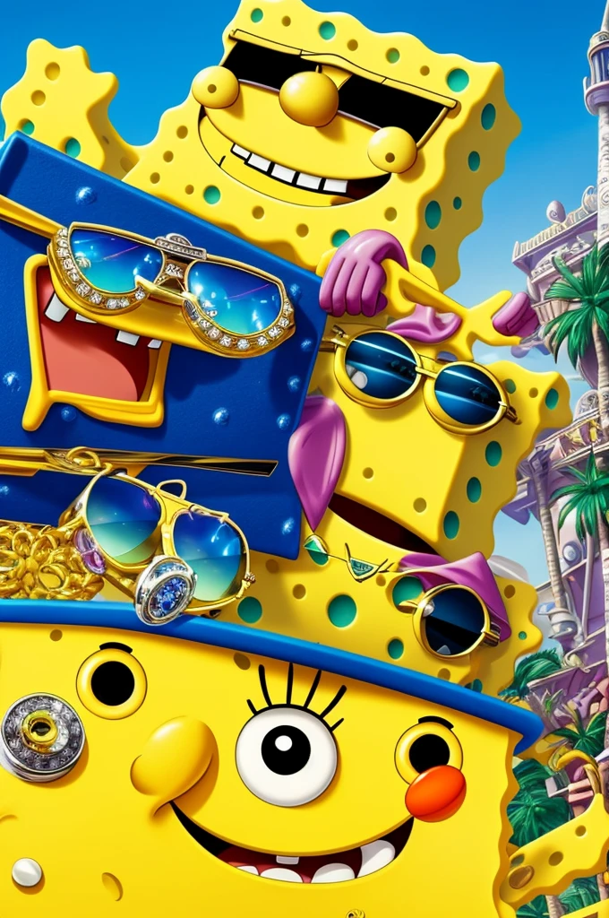 SPONGEBOB enters the scene wearing a straight-brimmed cap, oversized sunglasses and a shiny gold necklace that sparkles in the daylight. Ao fundo, luxury cars are parked, all shiny. He smiles, showing teeth studded with diamonds