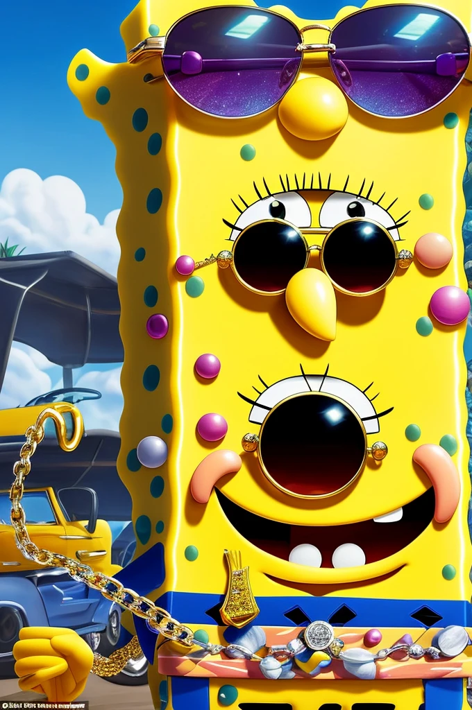 SPONGEBOB enters the scene wearing a straight-brimmed cap, oversized sunglasses and a shiny gold necklace that sparkles in the daylight. Ao fundo, luxury cars are parked, all shiny. He smiles, showing teeth studded with diamonds