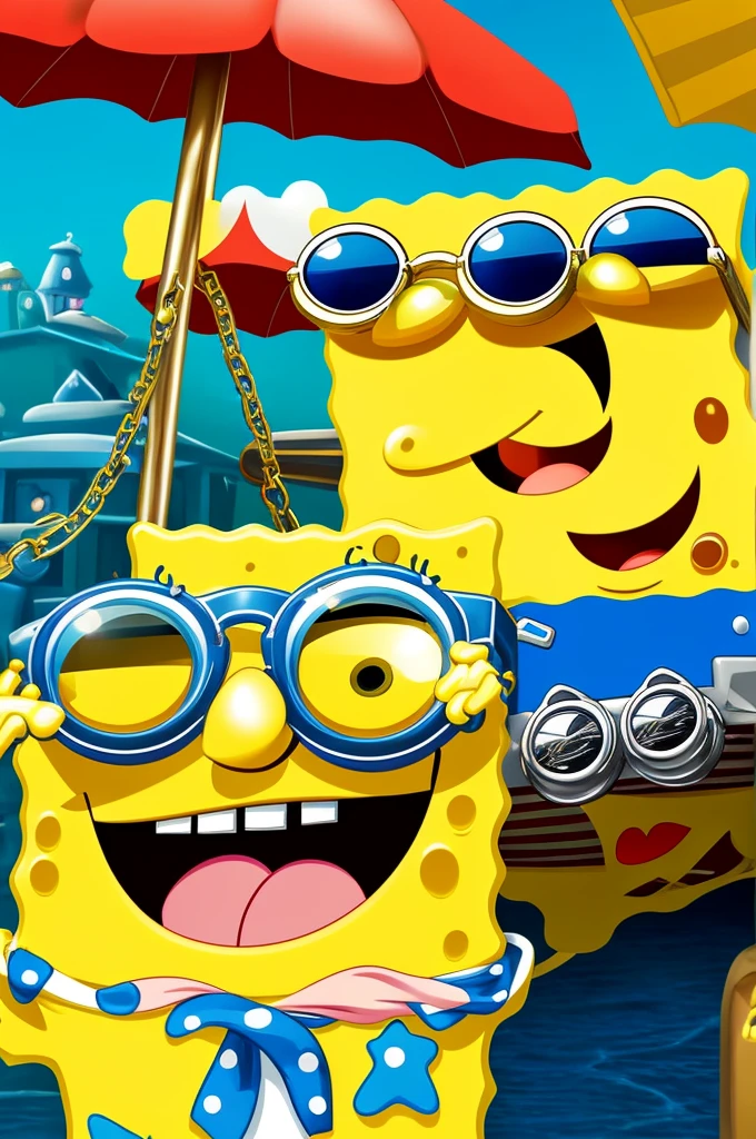 SPONGEBOB enters the scene wearing a straight-brimmed cap, oversized sunglasses and a shiny gold necklace that sparkles in the daylight. Ao fundo, luxury cars are parked, all shiny. He smiles, showing teeth studded with diamonds