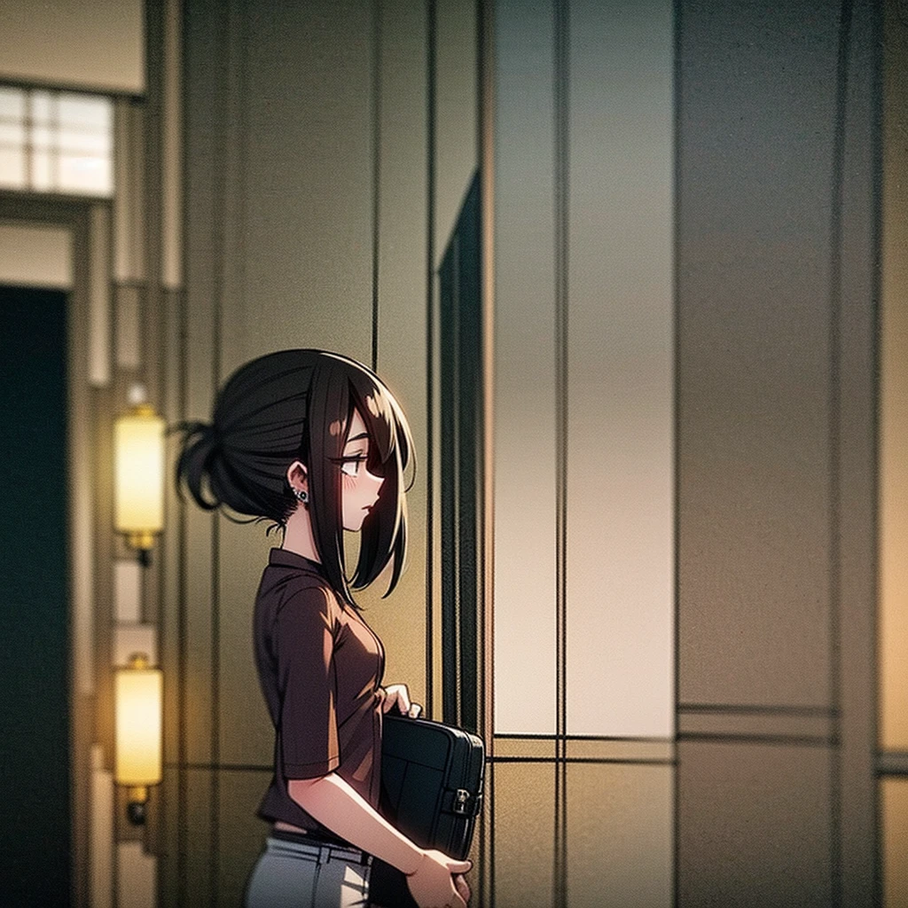 my hero academia comic panel, Screenshot of My Hero Academia, Korean girl 24 years old with Long dark brown hair, strands on the sides red wine smooth, foxy eyes With long eyelashes, piercings, white skin, black bardot-style shirt, white safari-style pants, small white bag, while fixing her hair with her hands, night street background.
