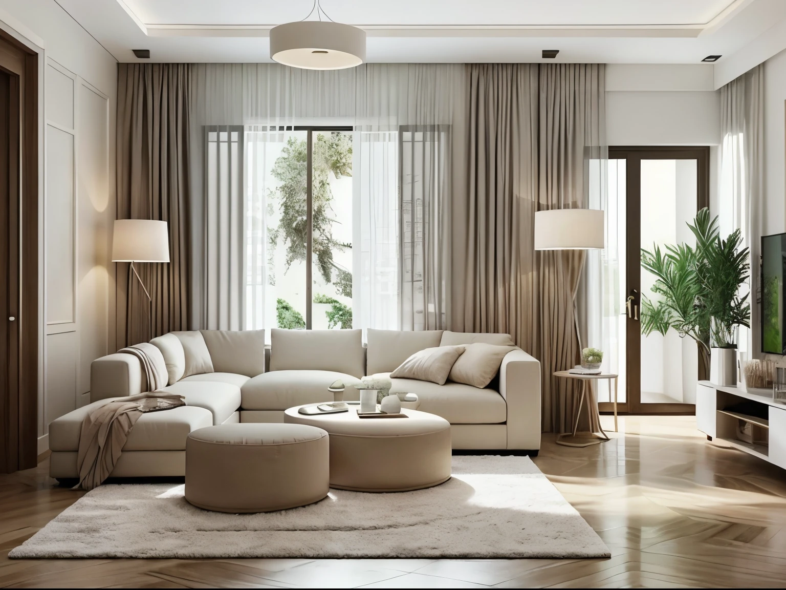 In the soft morning glow, the family living room takes on a serene and minimalist aesthetic. The delicate morning sunlight dances through the windows, causing the curtains to sway gently, casting a soft, ethereal light on the room. The decor is intentionally understated, avoiding any extravagant or ostentatious elements. The room's overall atmosphere is characterized by a bright, neutral palette, with walls painted in a faint off-white or pale gray, fostering a sense of freshness and radiance.
The furniture is selectively simple and functional. A plush fabric sofa sits prominently in the center of the living room, draped in hues of soft beige or