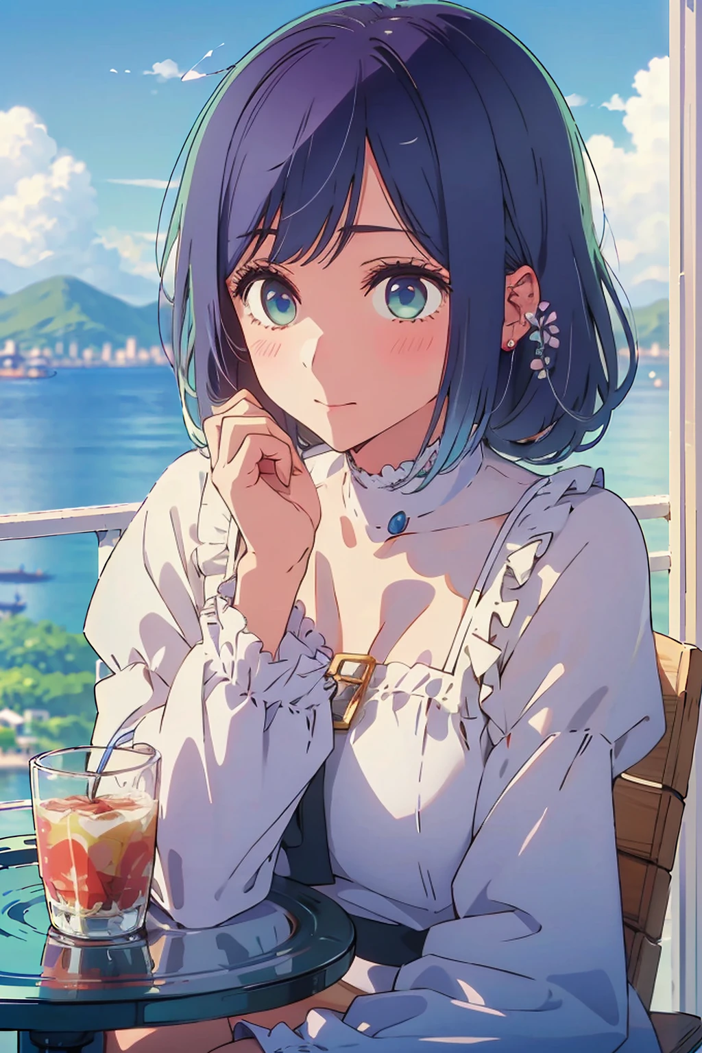 (Highest quality:1.4、8K:1.4、detailed)、F cup bust、Big Breasts、Slim body、Very white beautiful skin、((((1 person、Surprised expression、sit、Chair、In the background are the urban buildings of Tokyo、looking at the camera、Outdoor café terrace、coastal、Navy hair color、juice、White short-sleeved blouse with fluffy sleeves、Shooting up close、table、Very cute face))))、(Pose of putting hair behind ears with hands:1.4、Low ponytail:1.4)、Very blue sky、A completely cloudless sky