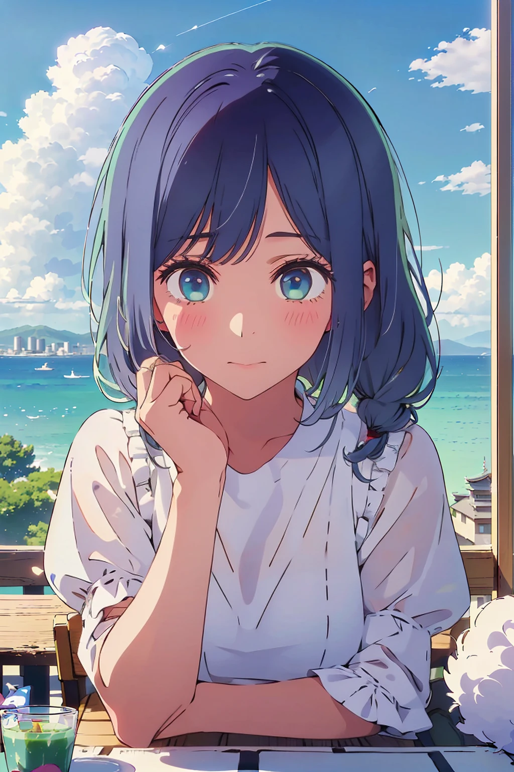 (Highest quality:1.4、8K:1.4、detailed)、F cup bust、Big Breasts、Slim body、Very white beautiful skin、((((1 person、Surprised expression、sit、Chair、In the background are the urban buildings of Tokyo、looking at the camera、Outdoor café terrace、coastal、Navy hair color、juice、White short-sleeved blouse with fluffy sleeves、Shooting up close、table、Very cute face))))、(Pose of putting hair behind ears with hands:1.4、Low ponytail:1.4)、Very blue sky、A completely cloudless sky