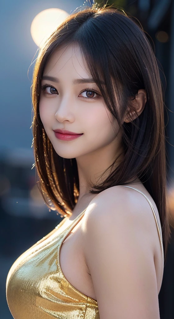 Body Portrait, 8k, Narrow and beautiful eyes, Dindal effect, masterpiece, 最high quality, high quality, High resolution, Highly detailed photos, (Natural skin texture, Fine skin, Hyperrealism, Ultra Sharpness), Skin with attention to detail, (Very fine, Fine skin texture, Intricate details, Beautiful Face, (Realistic Face), Realistic eyes, Beautiful and detailed eyes, Realistic Skin, Beautiful Skin, Surreal, Highly detailed golden ratio, Smiling Eyes, ((Night moonlight background) )), Body Portrait, G-Cup, Big Breasts, Huge breasts, Big Breasts, glamorous, evening dress,
