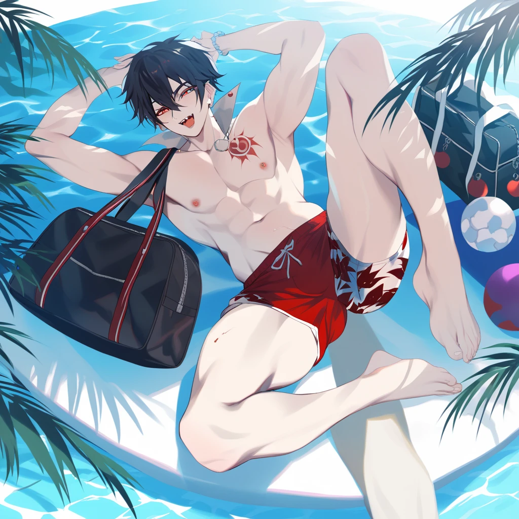 Vampire boy with bag and big marked balls in swim trunks with open legs super detailed hd 8k